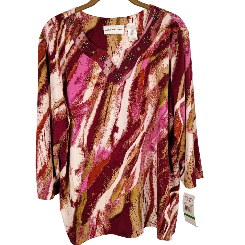 NWT Alfred Dunner Womens L Circle Oaks Top Multicolor Abstract Art to Wear Top